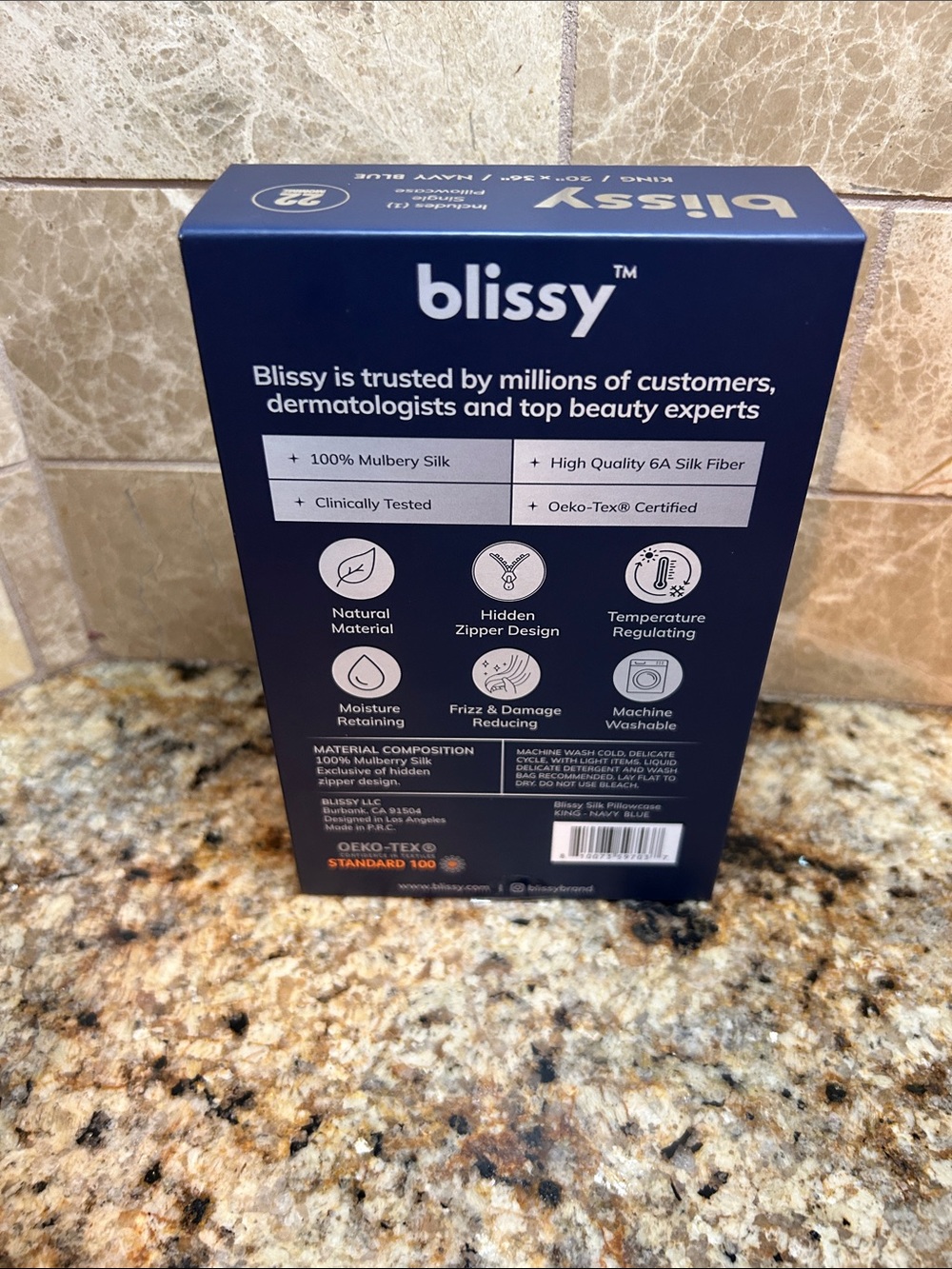 Blissy 100% Mulberry Silk Pillowcase in Navy Blue color, King size. New in box - Picture 4 of 5